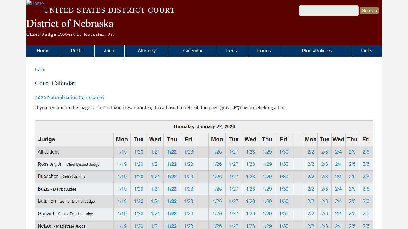 Court Calendar District of Nebraska United States District Court